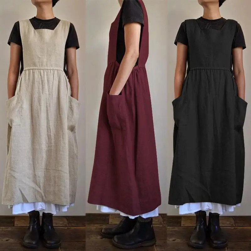 3 Color Oversized S-5XL Loose Cotton Linen Apron Midi Dress For Women Casual Pocket Homewear Solid Color Kitchen Uniform 250226
