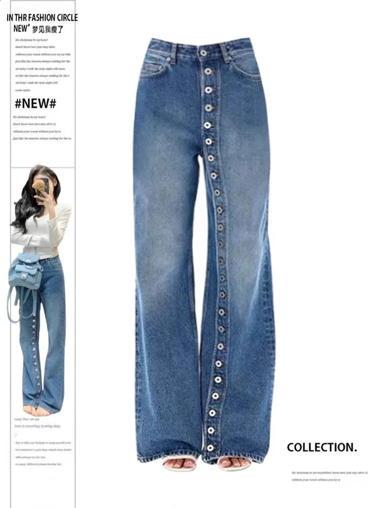 Spring Fashion Retro Multi Button Straight Jeans Womens High Waisted Wide Leg Pants Street Female Denim 250228