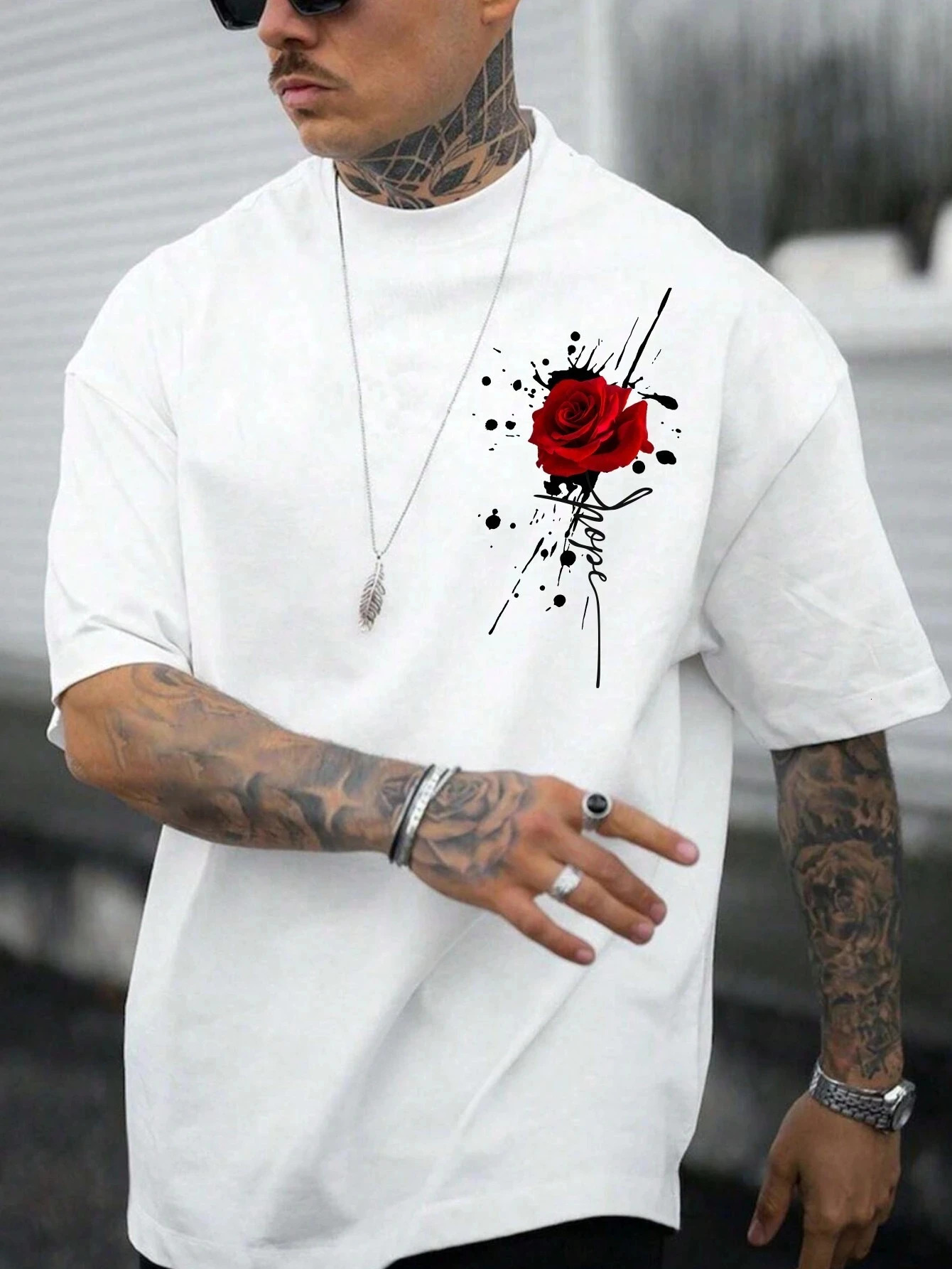Rose mens cotton Tshirt fashion plus size top casual short sleeved street clothing classic print arrival S4XL 250312