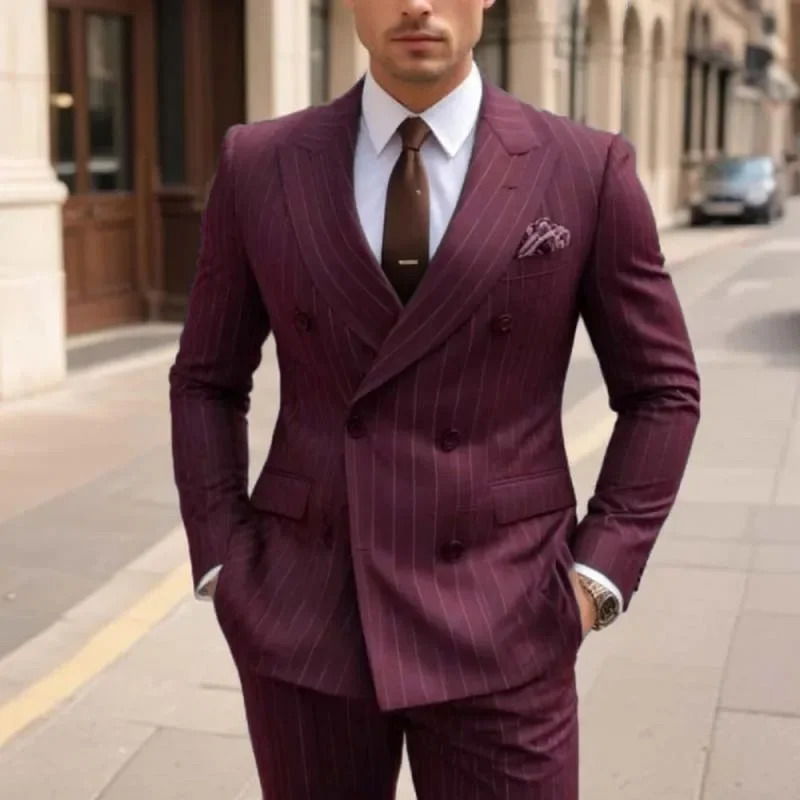 Fashion Double Breasted Lapel Blazer Brown Stripe Regular Length Mens Suits Custom Wedding 2 Piece Jacket Pants Outfits 250224