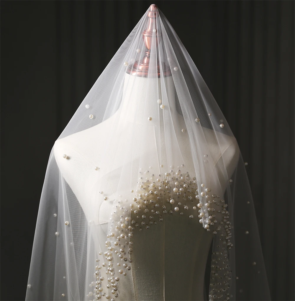 Elegant Bridal Veils Tulle With Comb Bride Wedding 3m*2m Pearls Decoration Long Veil Hair Accessories Custom Made