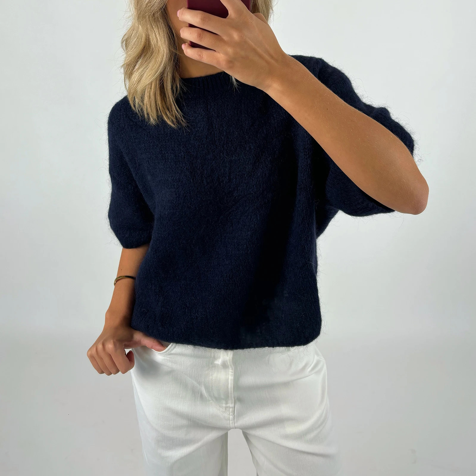 Womens Spring and Autumn Y2K Retro Loose Knitted Sweater Half Sleeve Round Neck Solid Color Casual Cutting Pullover Top 250225