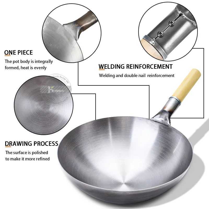 32/34/36cm Iron Wok Chinese Traditional Handmade Large Wok Household Cooking Pot Wooden Handle Wok Kitchen CookwareC250228