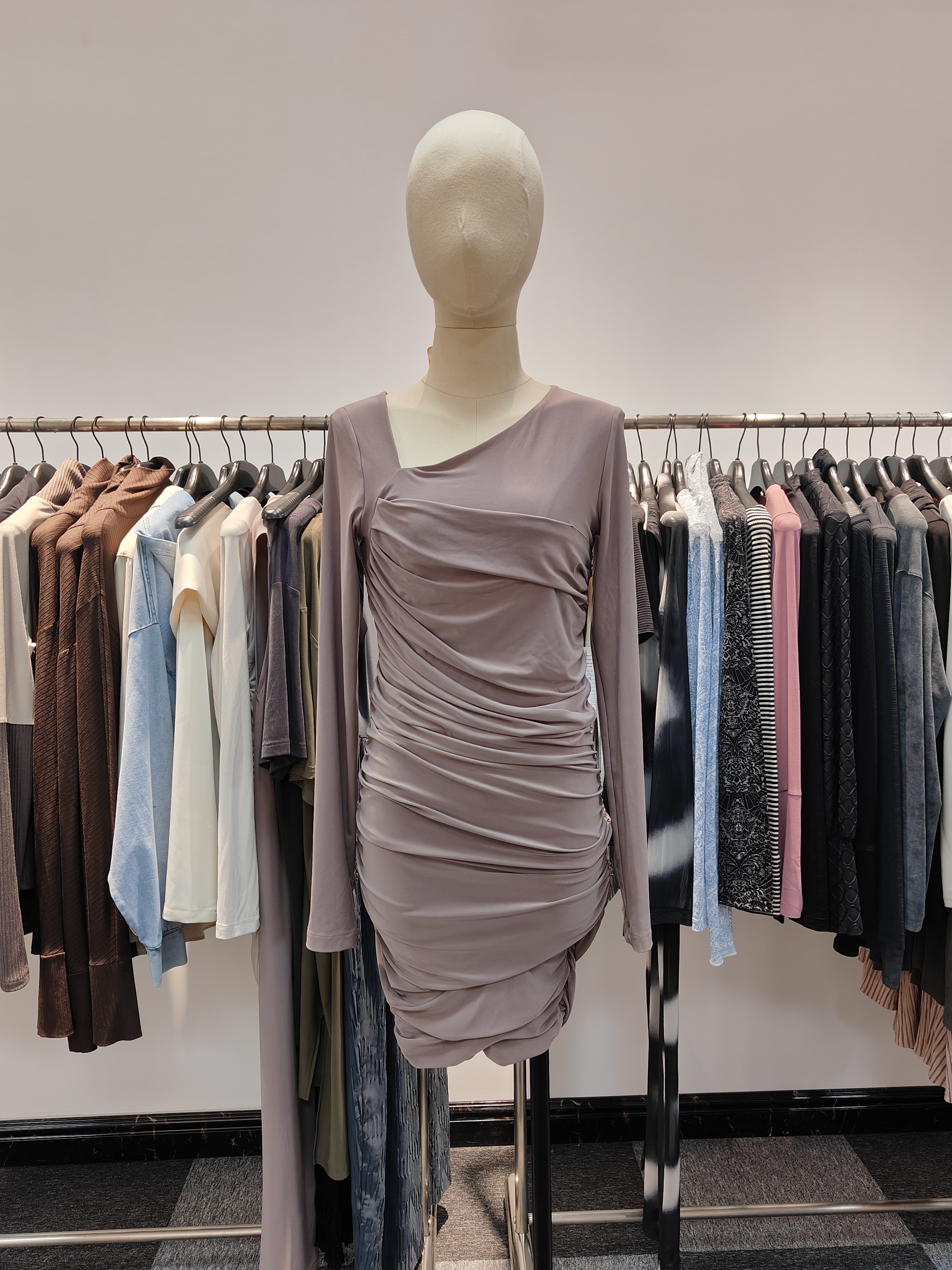 Women's Elegant Fitted Purple Pleated Dress with Asymmetrical collar Fully lined Long fitted sleeves