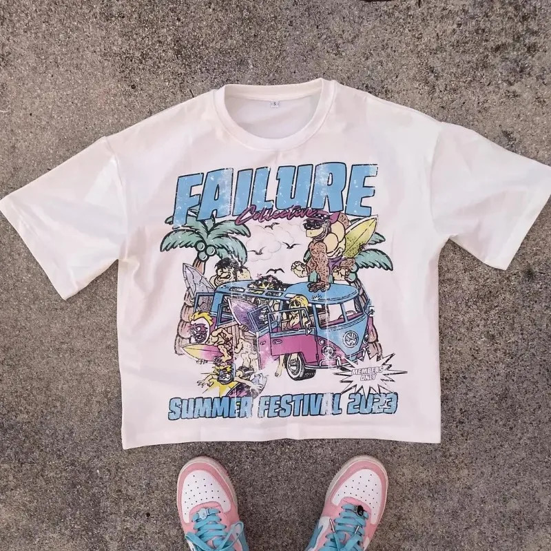 Hiphop Graphic Tshirt Print Oversized Gothic Smart Casual American Harajuku Streetwear Y2k Top Menswear 250312