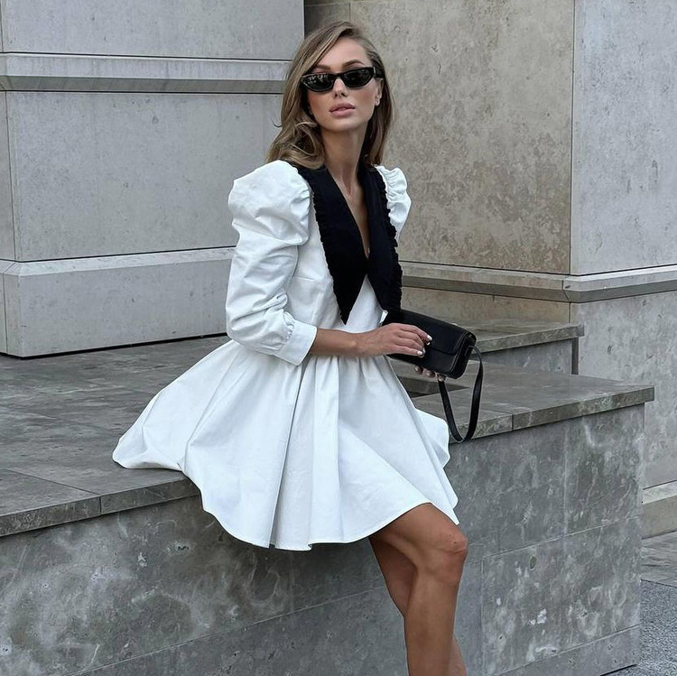 New5 Spring Autumn New French Black White Contrast Doll Neck Short Dress, Elegant And Folded A-Line Dress For Women