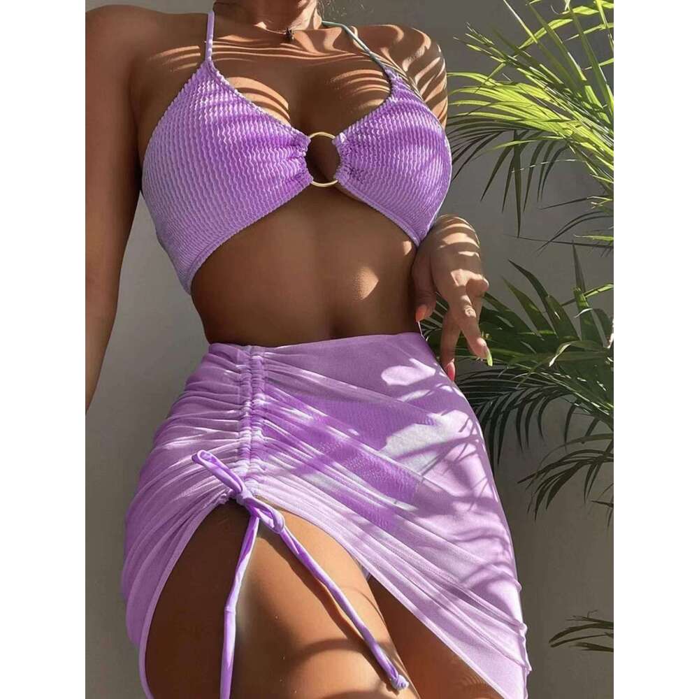 Swimsuit women's multi colored sexy European and American short skirt hanging neck three piece set split swimsuit bikini 2025 temperament versati