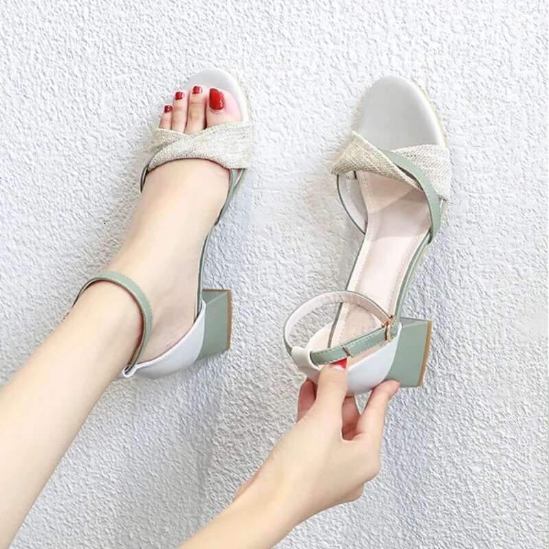 Ladies Shoes Lace Heeled Blue Women's Sandals Square Heels High Pumps Outdoor Comfortable and Elegant Original Summer Chic
