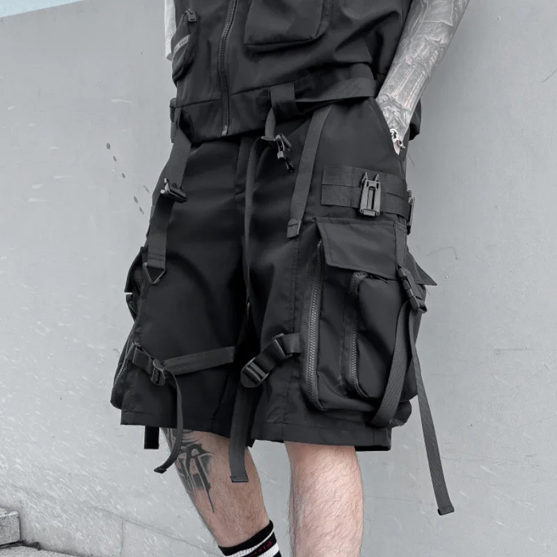 Multi Pockets Street Punk Hip Hop Cargo Shorts Mens Tactical Techwear Knee Length Wide Leg Short Pants 250225