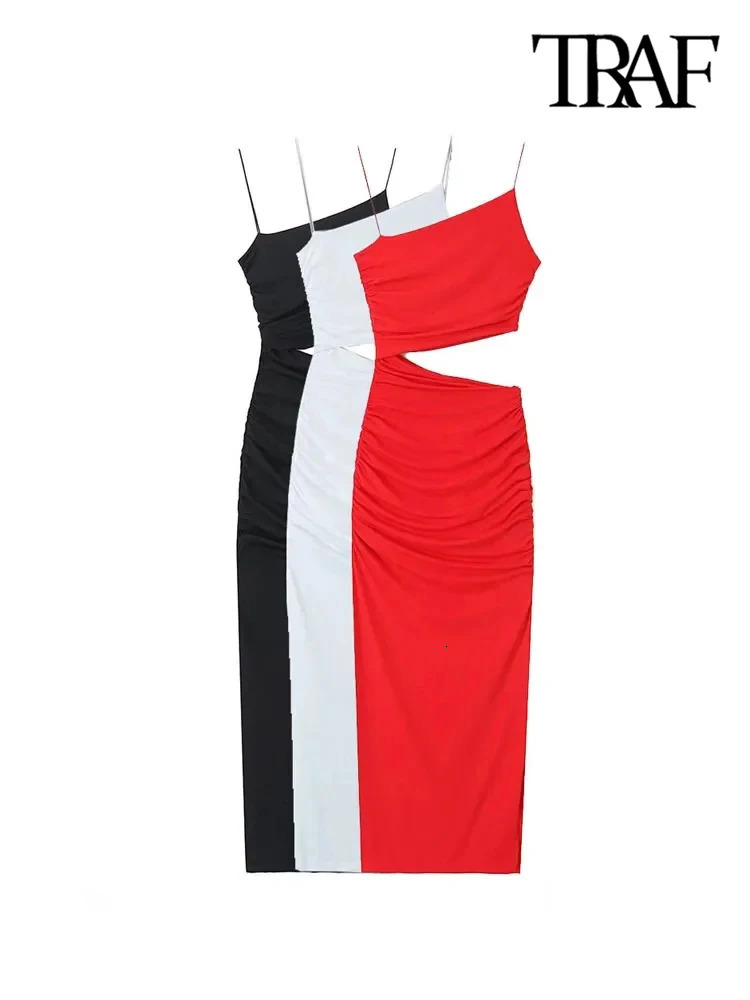 TRAF Women Fashion With Gathered Hollow Out Midi Dress Sexy Asymmetric Neck Thin Straps Female Dresses Womens Dresses 250226