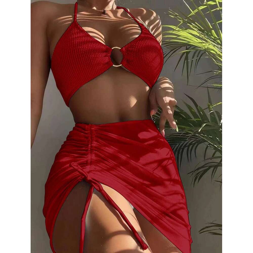 Swimsuit women's multi colored sexy European and American short skirt hanging neck three piece set split swimsuit bikini 2025 temperament versati