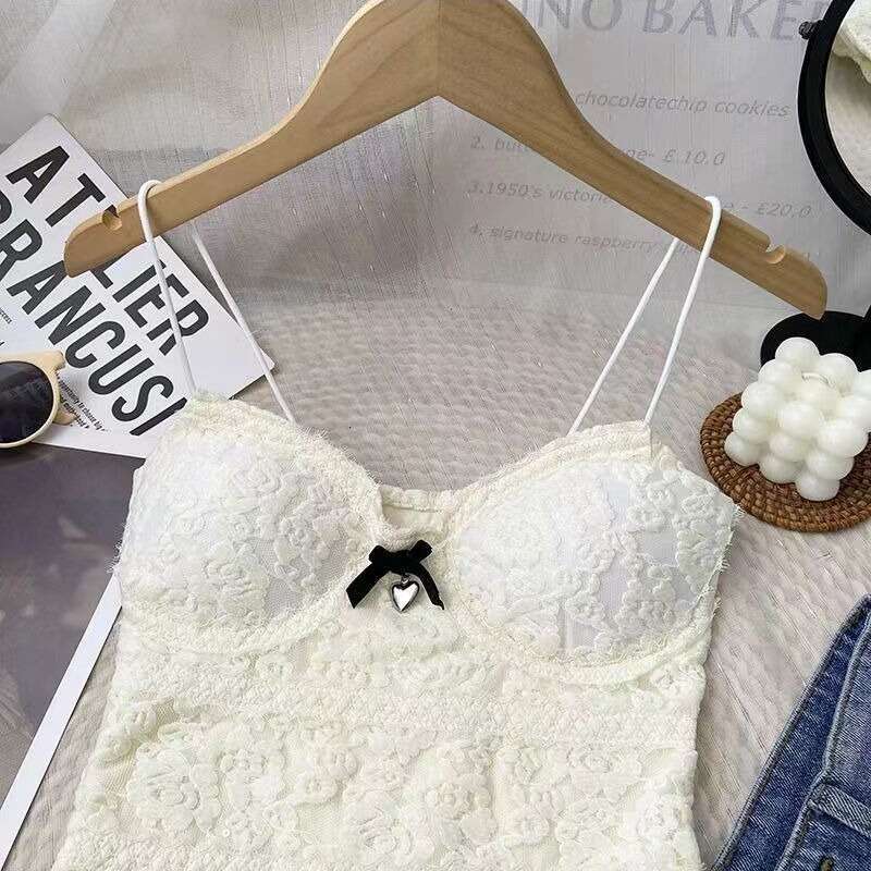 Pure desire, sexy bow, lace women's versatile and beautiful camisole, chest cushion, anti glare, strapless short top