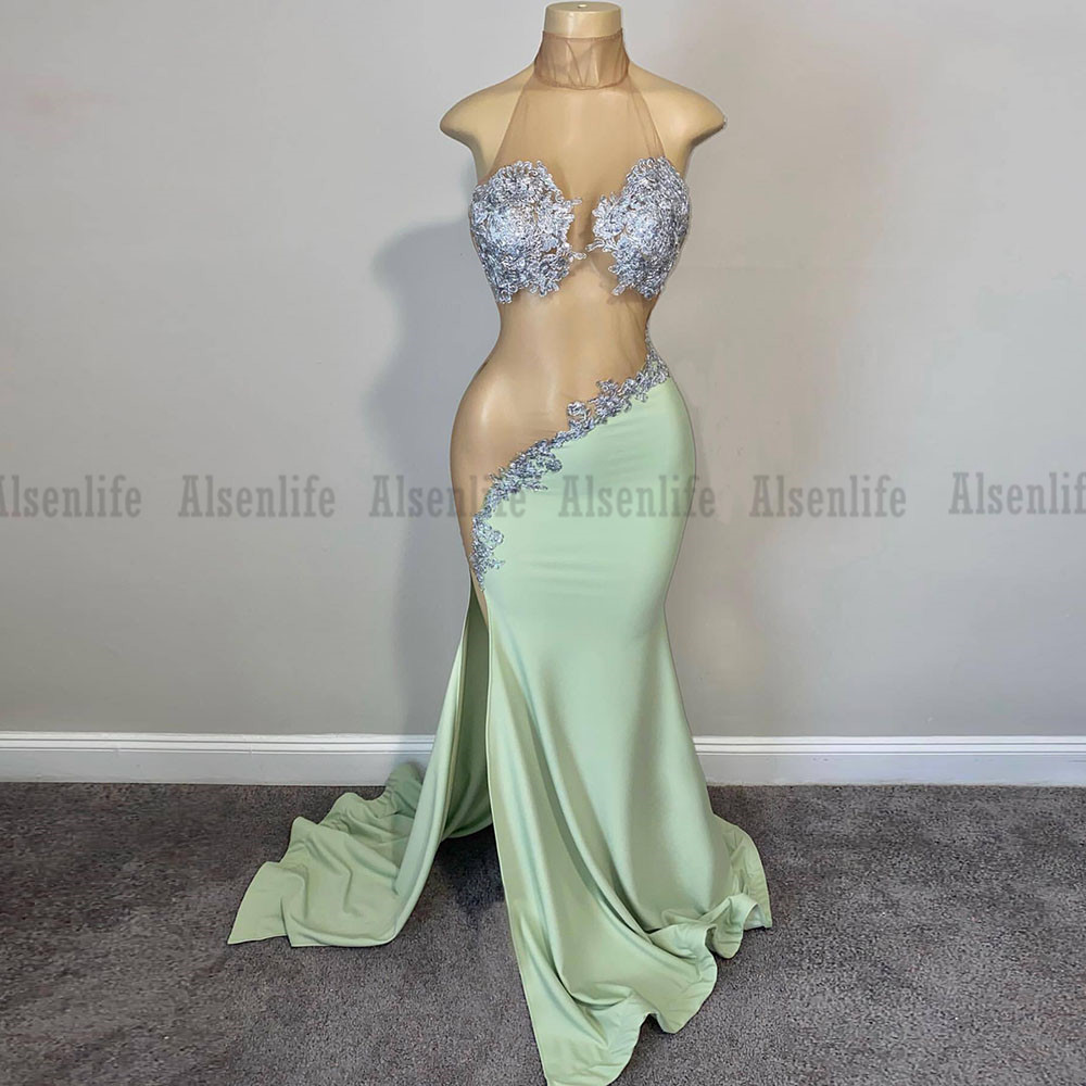 Bespoke Prom Dresses Luxury 2025 Halter Appliqued Black Girls Party Gowns Satin Evening Dress Sexy Slit Customized
