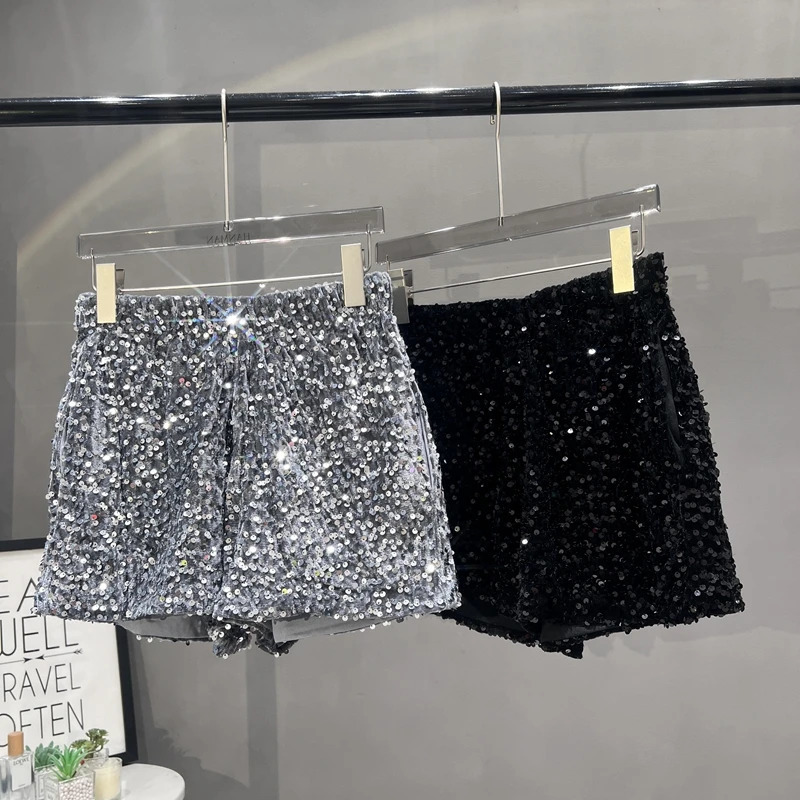 Europe and America Sequined Black Shorts Slim Suede Embroidered Beads Grey Casual Pants Womens Pants 250227