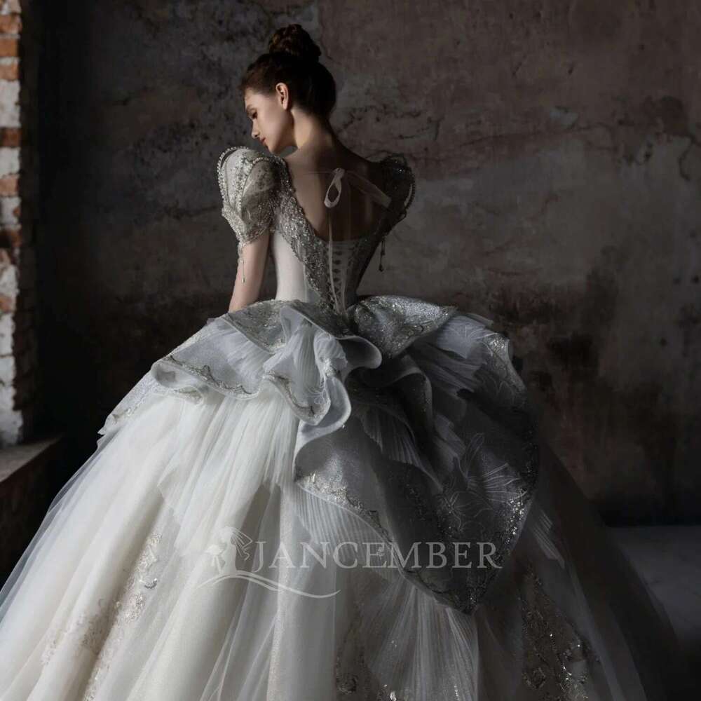 Women's Ball Gown Vscalloped Appliques Long Sleeve Custom Wedding Elegant Satin Novia Dresses