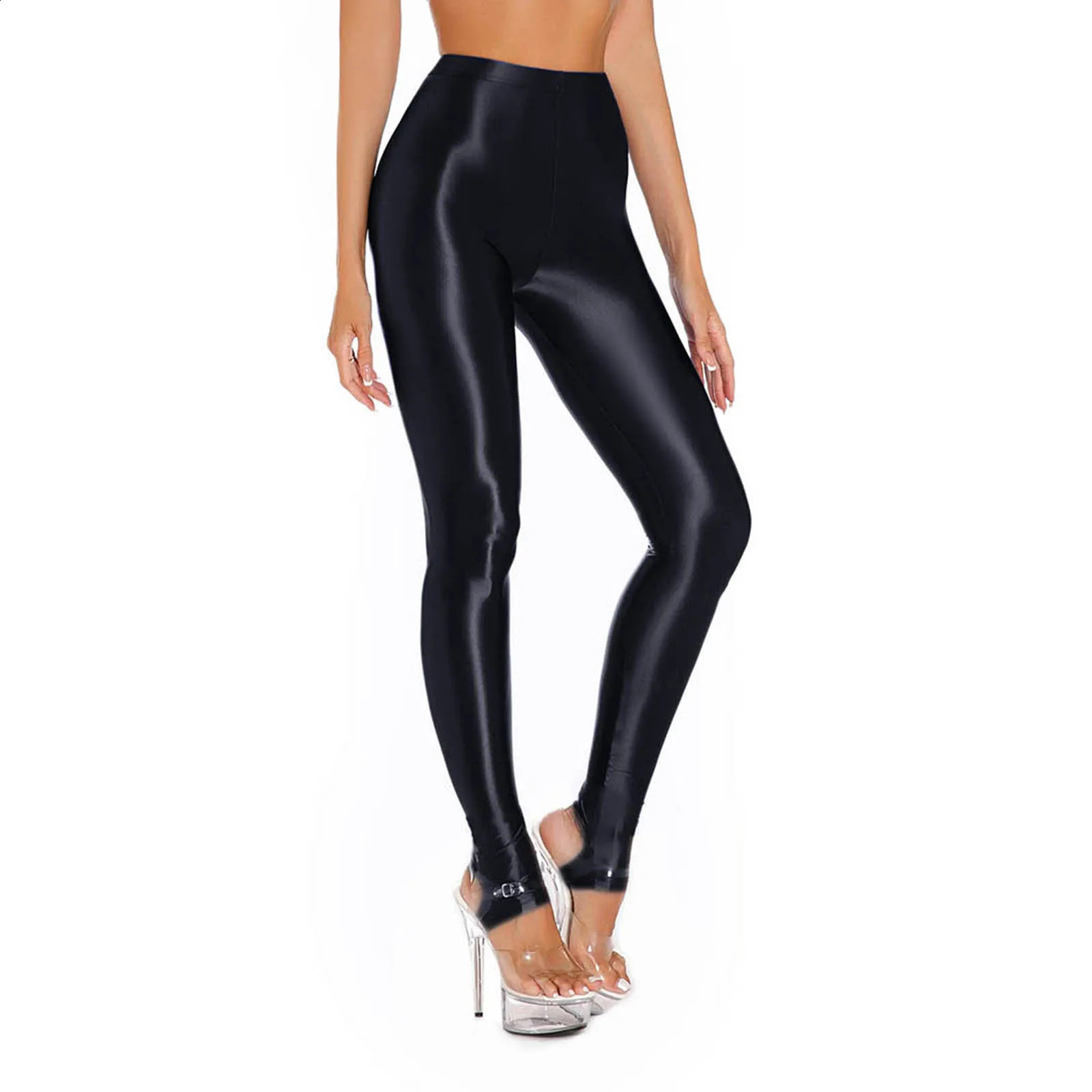 Womens Shiny Glossy High Waisted Stirrup Leggings Tights Gymnastics Workout Yoga Pants Tummy Control Sports Trousers 250226