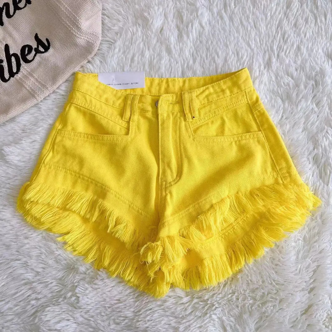 2025 Summer Womens Tassel Denim Shorts Jeans Ruffled Fringe Perforated Pants 250228Z