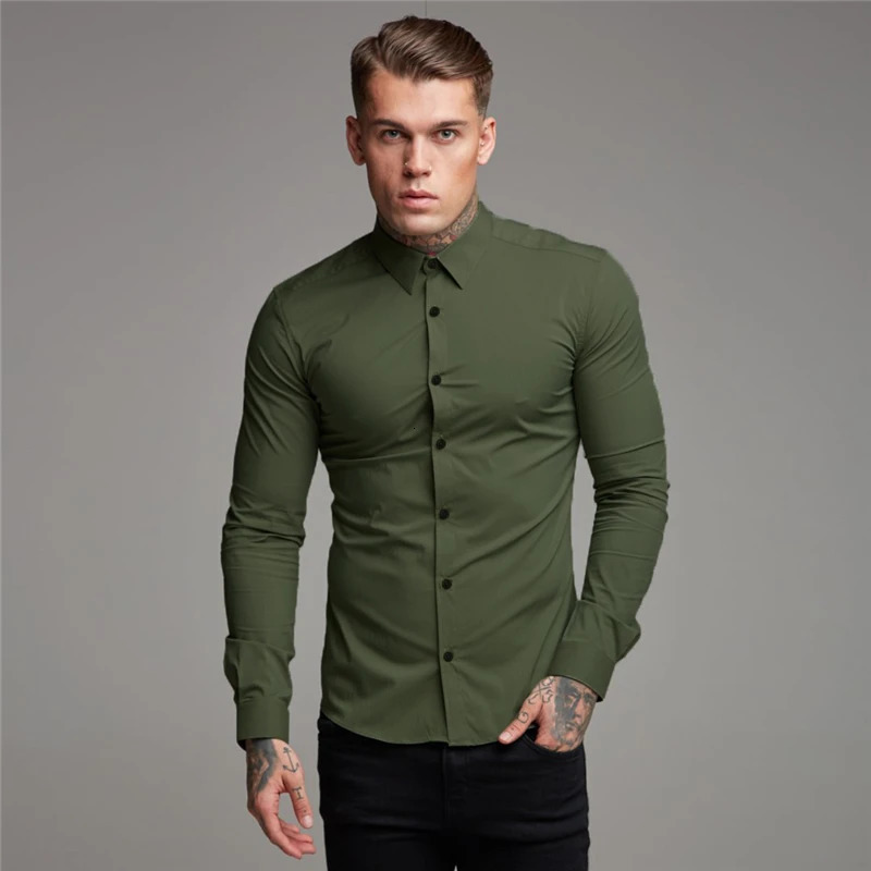 Autumn Fashion Long Sleeve Shirt Mens Spring Super Slim Fit Casual Social Business Dress Men Gym Fitness Sports Clothing 250226