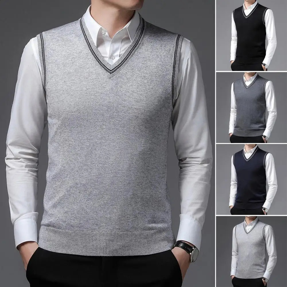 Mens Clothes Waistcoat V Neck Vest Knitted Sweaters for Men Business Black Sleeveless Japanese Harajuku Fashion 250225