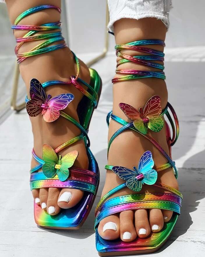 Women's New Fashion Butterfly Pattern Ombre Multi-Strap Casual Lace Up Beach Vacation Flat Sandals
