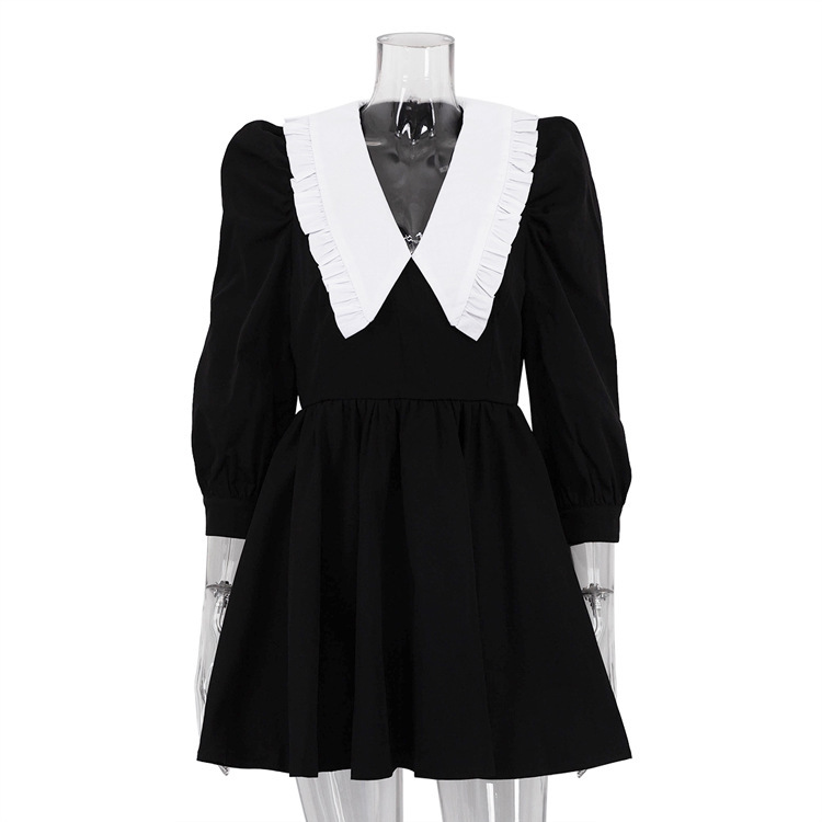New5 Spring Autumn New French Black White Contrast Doll Neck Short Dress, Elegant And Folded A-Line Dress For Women