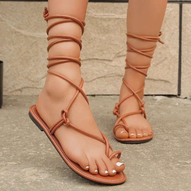 Summer Shoes for Women Rome Open Toe Cross-tied Thong Outdoor Casual Flat Women's Gladiator Sandals Plus Size