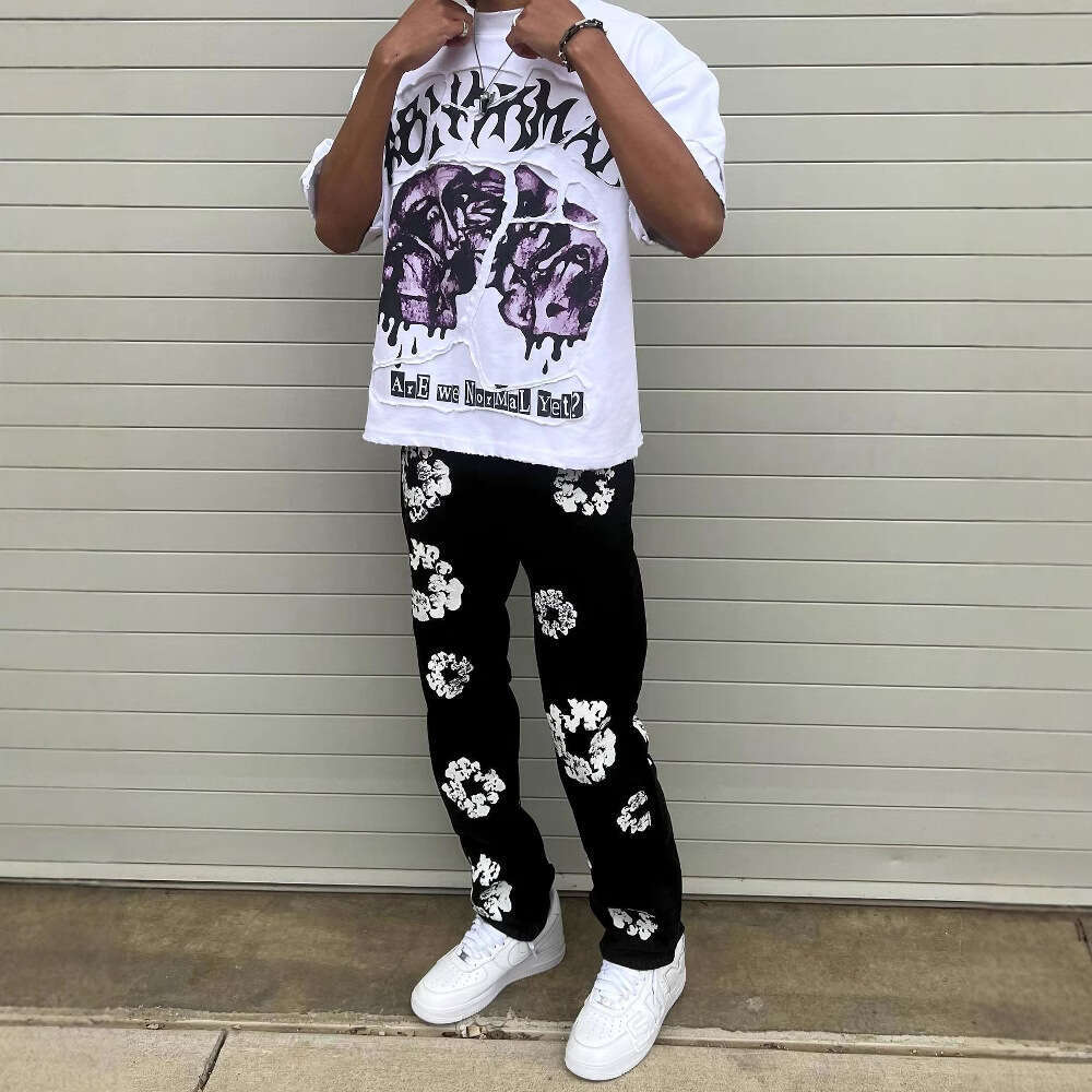 New trendy American street style summer patch embroidered unisex loose dark and funny pattern T-shirt