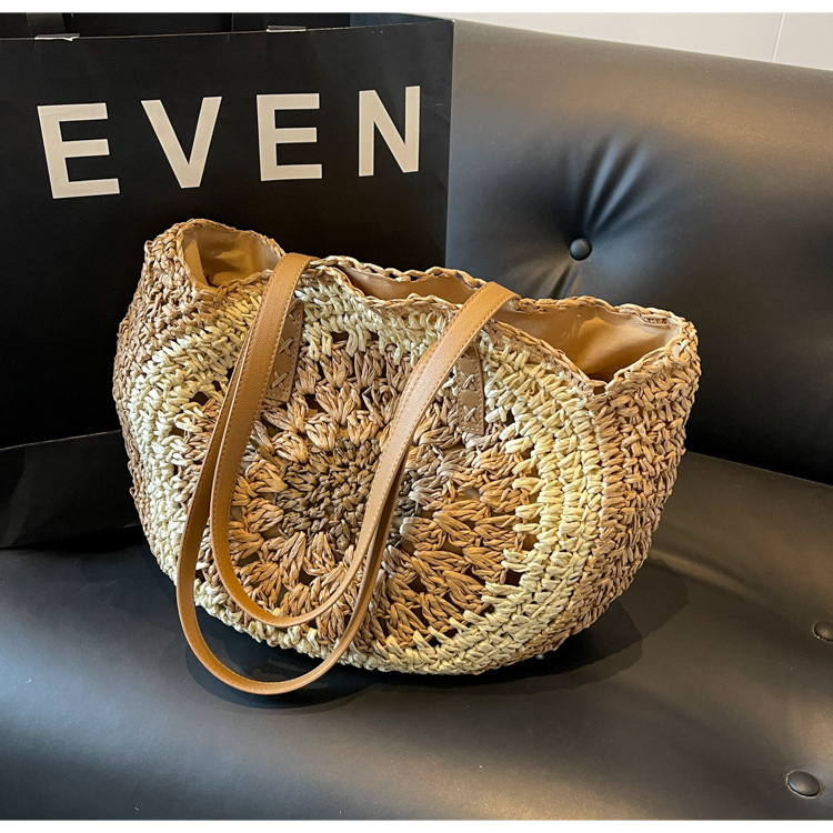 2025 Summer New Simple Round Shoulder Straw Woven Beach Fashion Women's Bag, Vegetable Basket Bag #swissmilitary