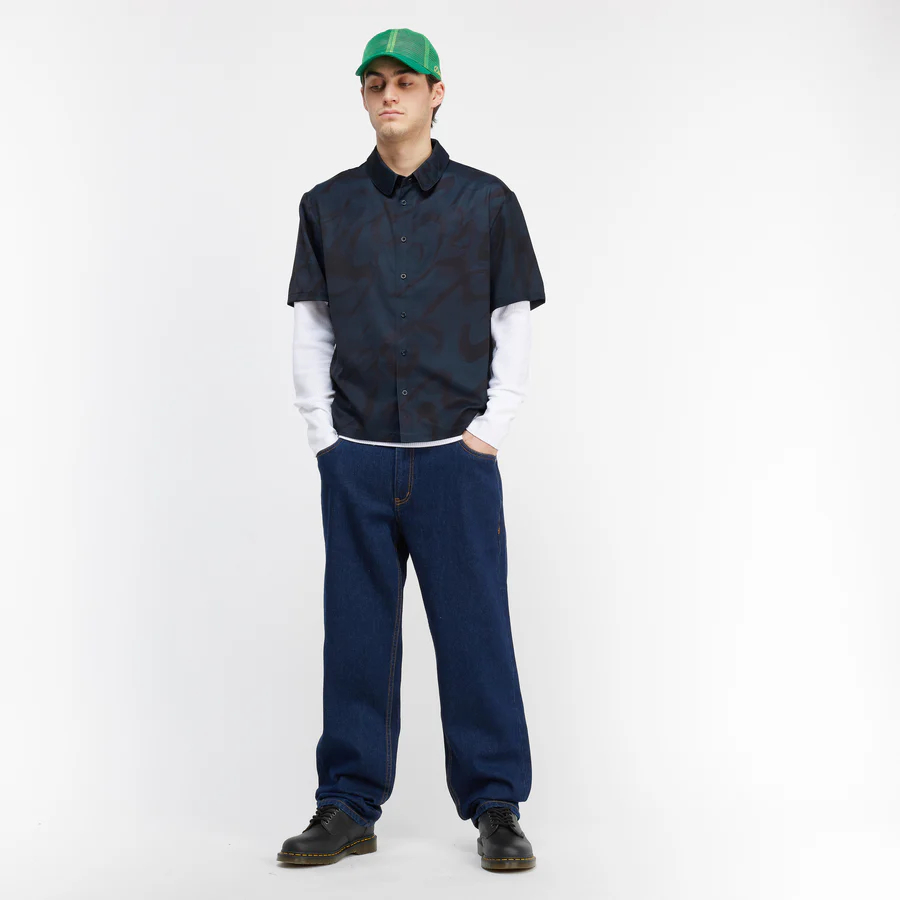 Men's Dark Blue Chilling Satin Polo Shirt with Allover Happy Print Loose Fit for Casual Wear Custom Branded