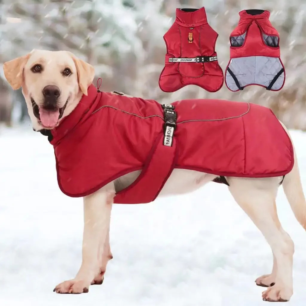 Winter Dog Clothes For Big Dogs Warm Fleece Large Dog Jacket Waterproof Pet Coat With Harness Labrador Clothing Pet Costume 250226