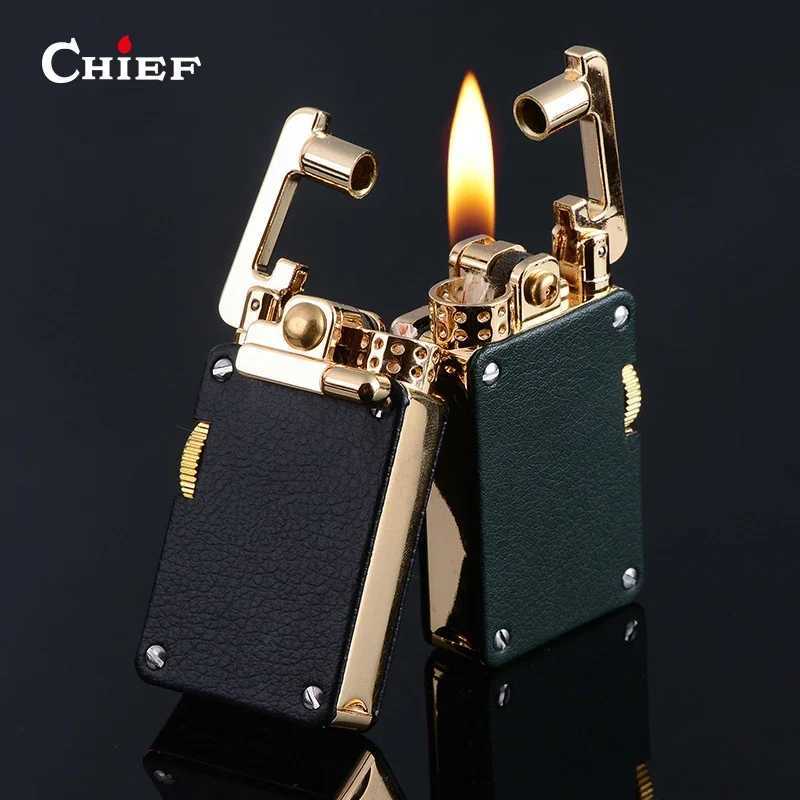 Chief Leather Cover Kerosene Lighter Luxury Rocker Ejection Ignition Mechanical Lighter Mens Business Gifts Collectible Y250228