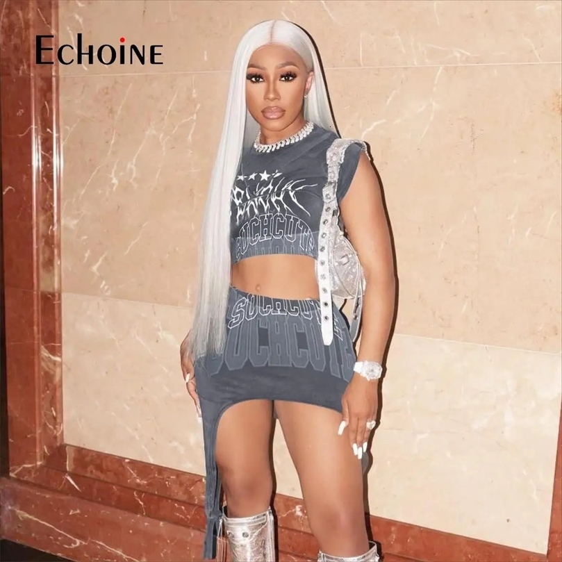 Echoine Women Print shortsleeve Crop Tops And irregular Mini Skirt 2 Two Piece Set Summer Sexy Fashion Party Tracksuit Outfits 250210