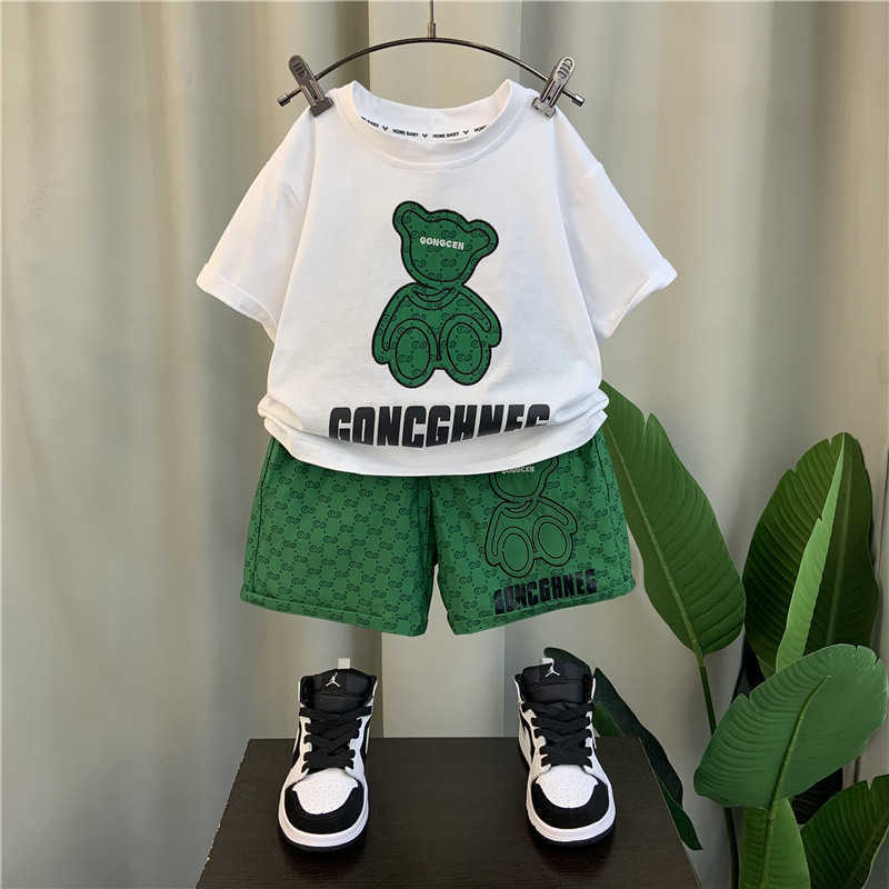 Clothing Sets Summer Boys Suit Summer Suit 2025 New Cotton Short Sleeve Top Ice Silk Shorts Medium Size Childrens Fashionable Two Piece Set Y250228