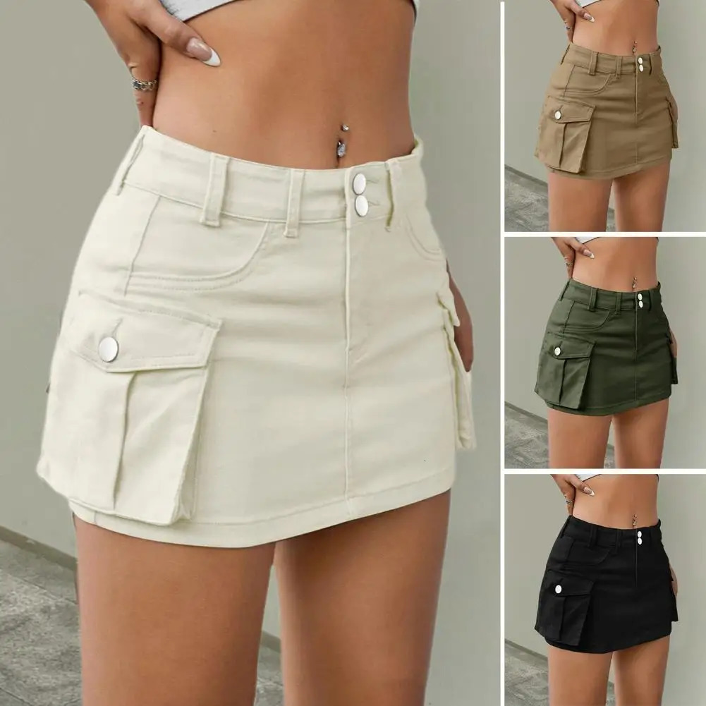 Denim Skirt with Pockets Stylish Womens Denim Cargo Skirt with Button Fly Pockets Low Waist Mini Jean Skirt for Streetwear 250227