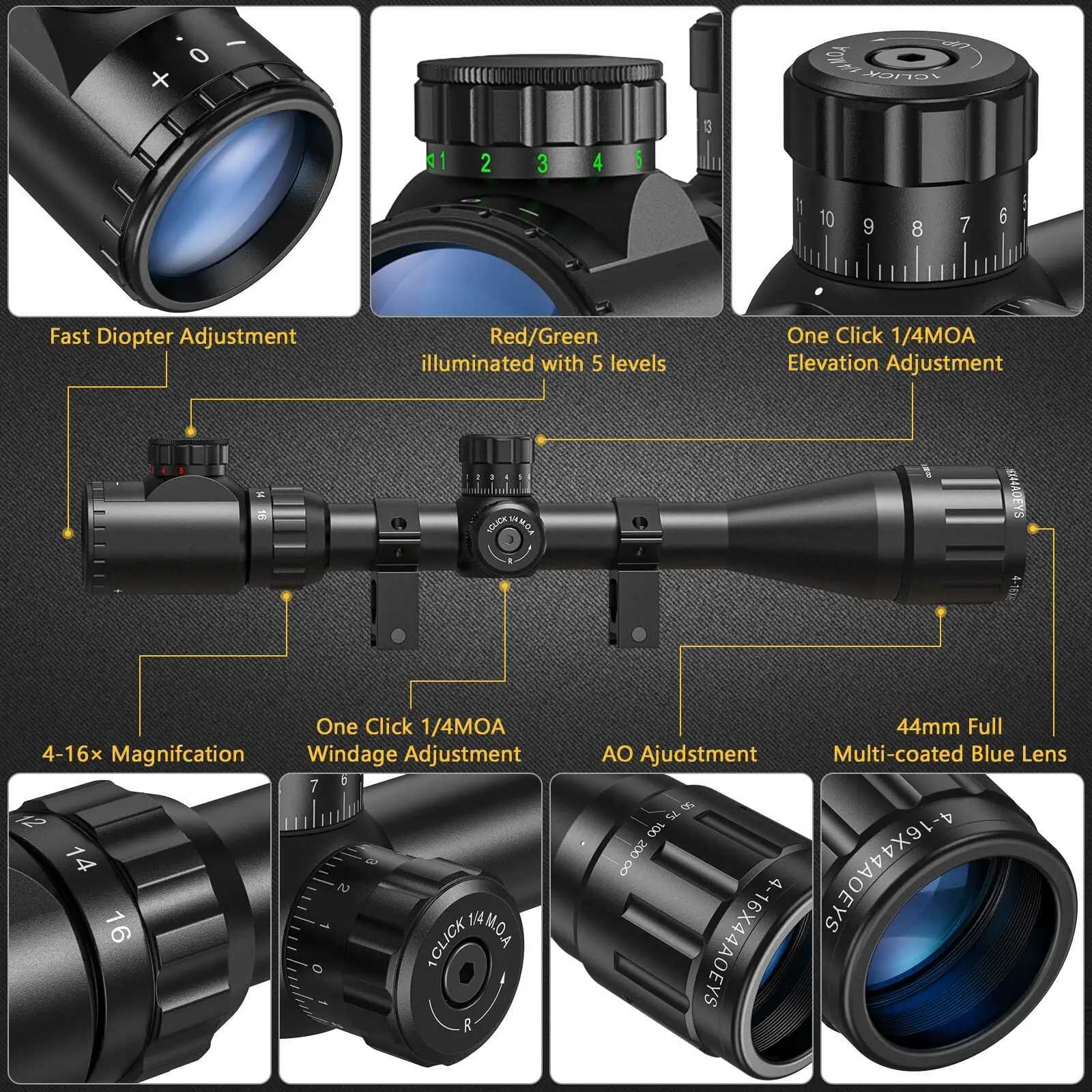 EZSHOOT 4-16x44 Riflescope Red Green Illuminated Reticle Crosshair Optics Scope Sight with Locking Turret Sunshade Hunting X250228