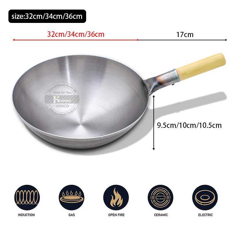 32/34/36cm Iron Wok Chinese Traditional Handmade Large Wok Household Cooking Pot Wooden Handle Wok Kitchen CookwareC250228