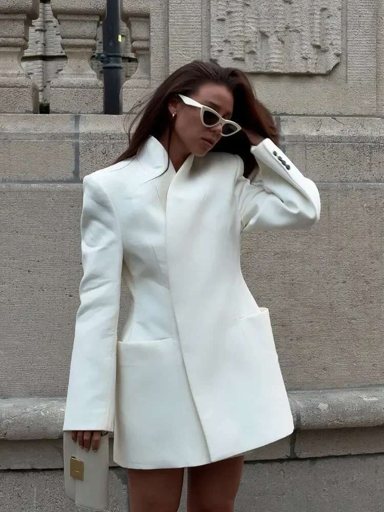 Fashion Solid Blazer Jacket For Women Elegant Long Sleeve Stand Collar Coat Female New 2024 Autumn Office Lady Street Chic Top