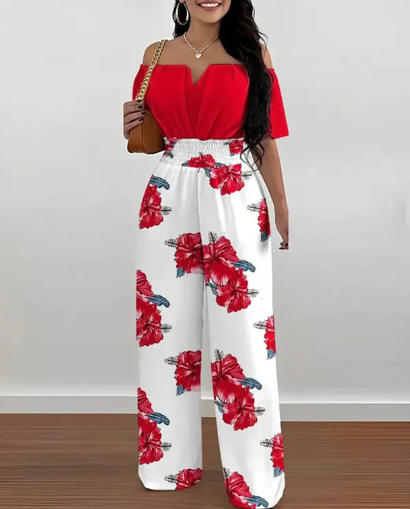 Summer Elegant Off Shoulder Womens Jumpsuit Fashion Trend Casual Short Sleeve Wide Leg Pants Jumpsuits for Women Overalls 250225