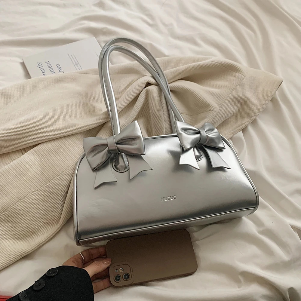 Ship from US Women Shoulder Bag Bowknot Pu Leather Boston Tote Solid Color Handbag Shopping 250227FBB