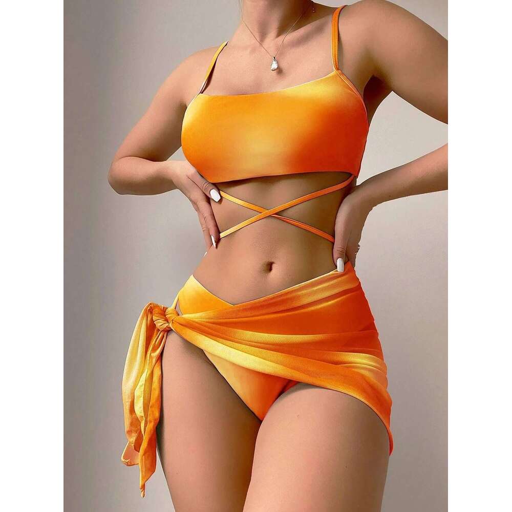 European and American tie dye women's three piece set mesh skirt split bikini swimsuit 2025 temperament versatile new trend clothing ins