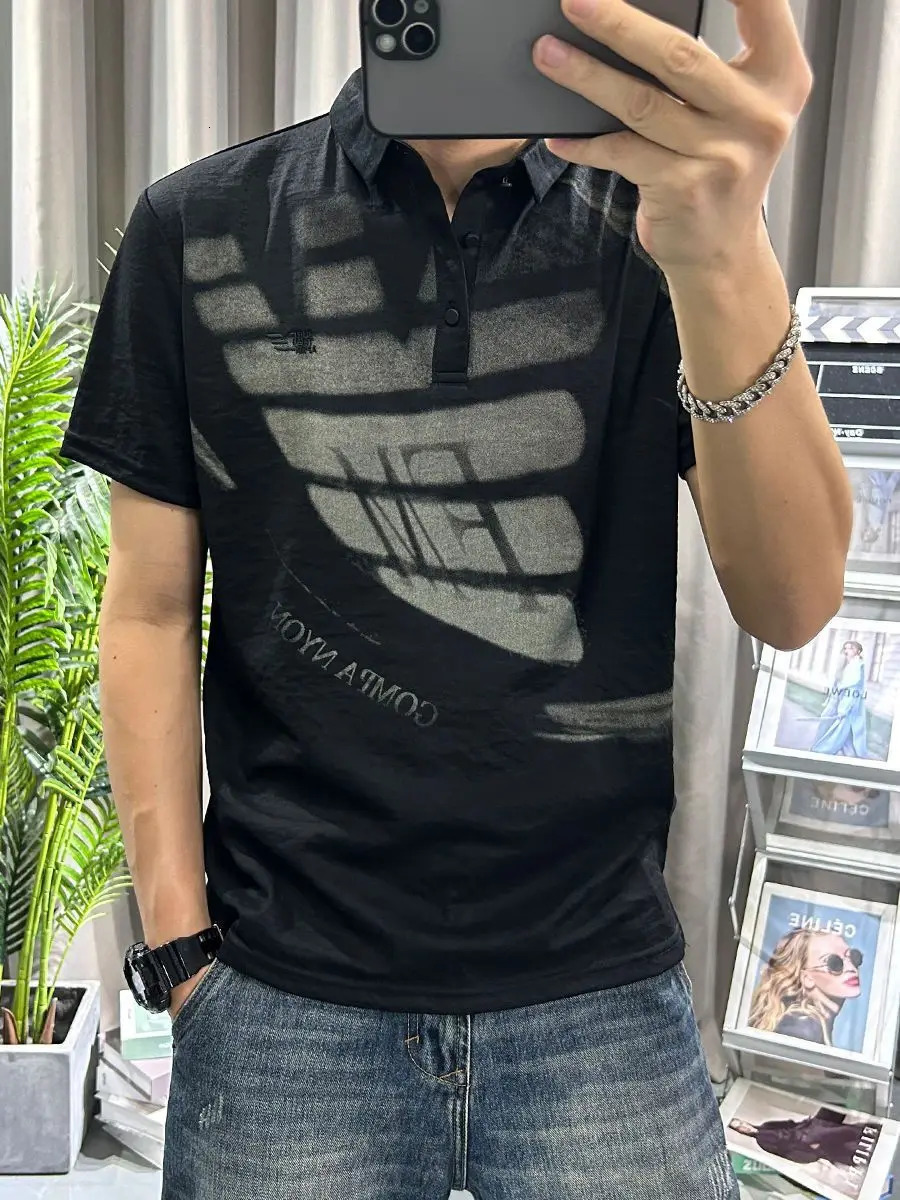 Trendy printed lapel cotton linen short-sleeved polo shirt mens T-shirt youth thin half-sleeved linen mens half-sleeved 250227