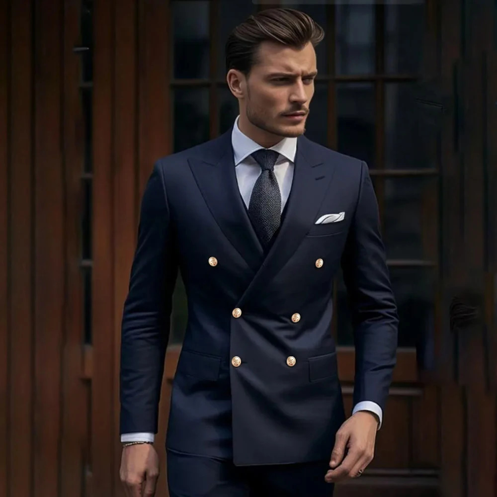 Highend Navy Blue Solid Men Suits Elegant Lapel Double Breasted Two Piece Fashion Business Casual Wedding Party Tuxedo 250224