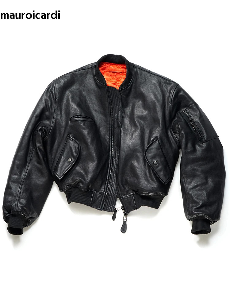 Mauroicardi Autumn Winter Cool Handsome Short Vintage Thickened Warm Black Pu Leather Bomber jacket Men Clothes 250225