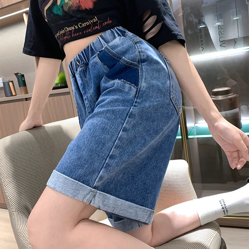 Plus Size Denim Short Jean Shorts For Women Summer 2024 Half Length Crimping Streetwear Blue Female 250228Z