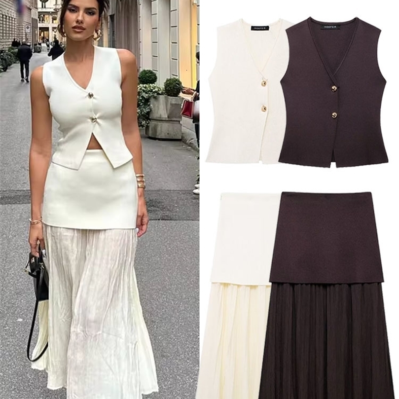 TRAFZA Women 2 Piece Set VNeck Sleeveless Button Knitted Vest TopElegant Splicing High Waist Zipper Long Skirts Holiday Suits 250210