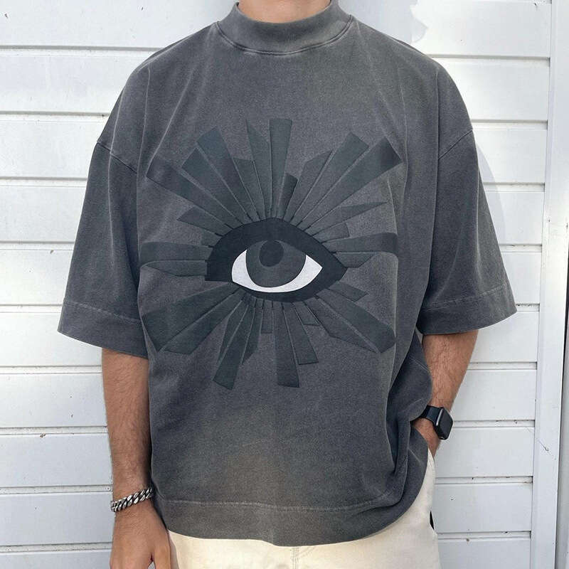 Small and trendy House of Errors Truth Eye Foam Printed Vibe Feng Shui Washed Old Short sleeved T-shirt