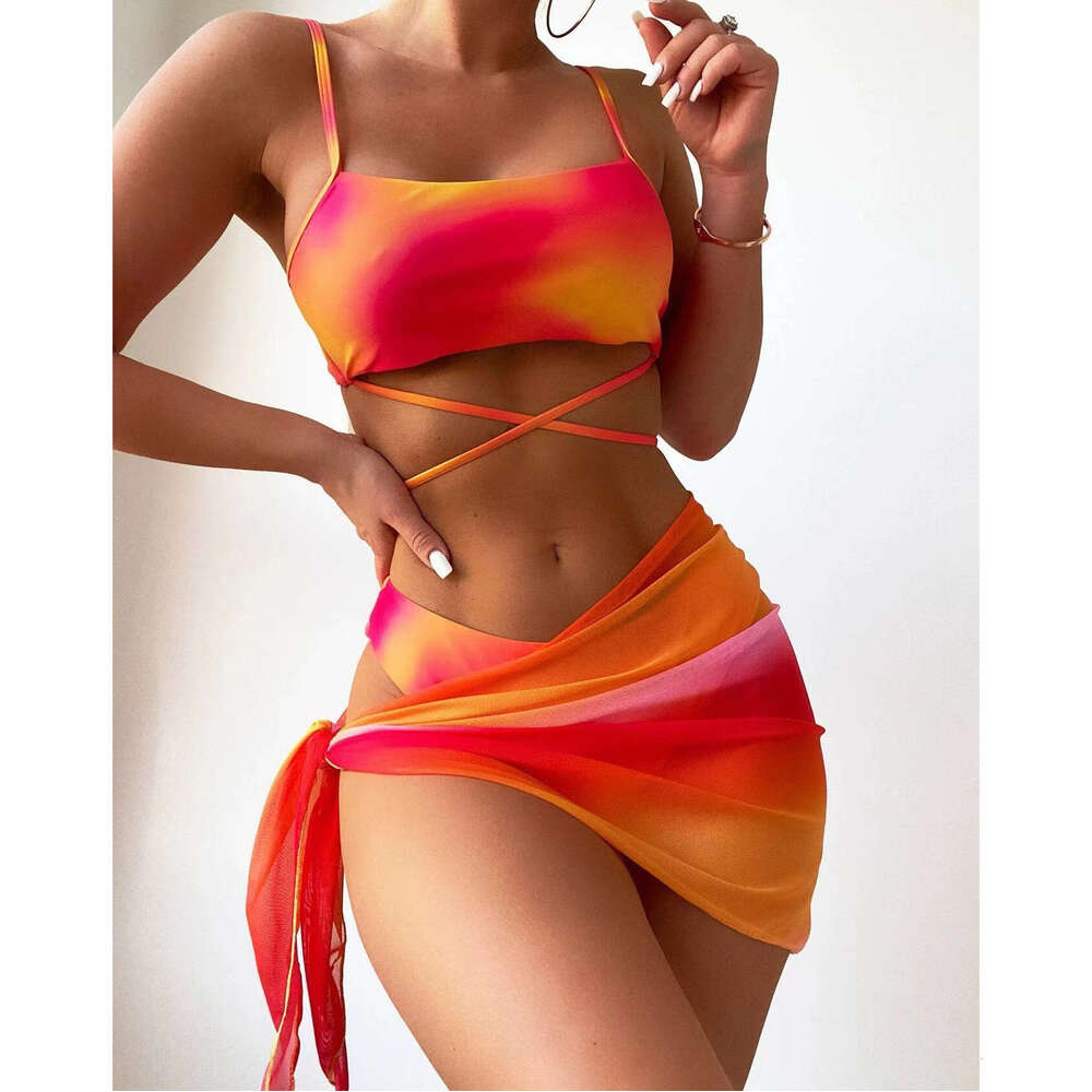 European and American tie dye women's three piece set mesh skirt split bikini swimsuit 2025 temperament versatile new trend clothing ins