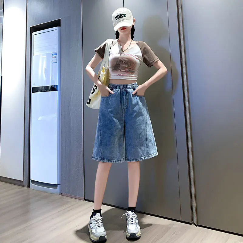 Large Size Denim Short Summer 2024 High Elastic Wasit Casual Blue Color Jean Shorts Plus Womens Jeans 250228Z