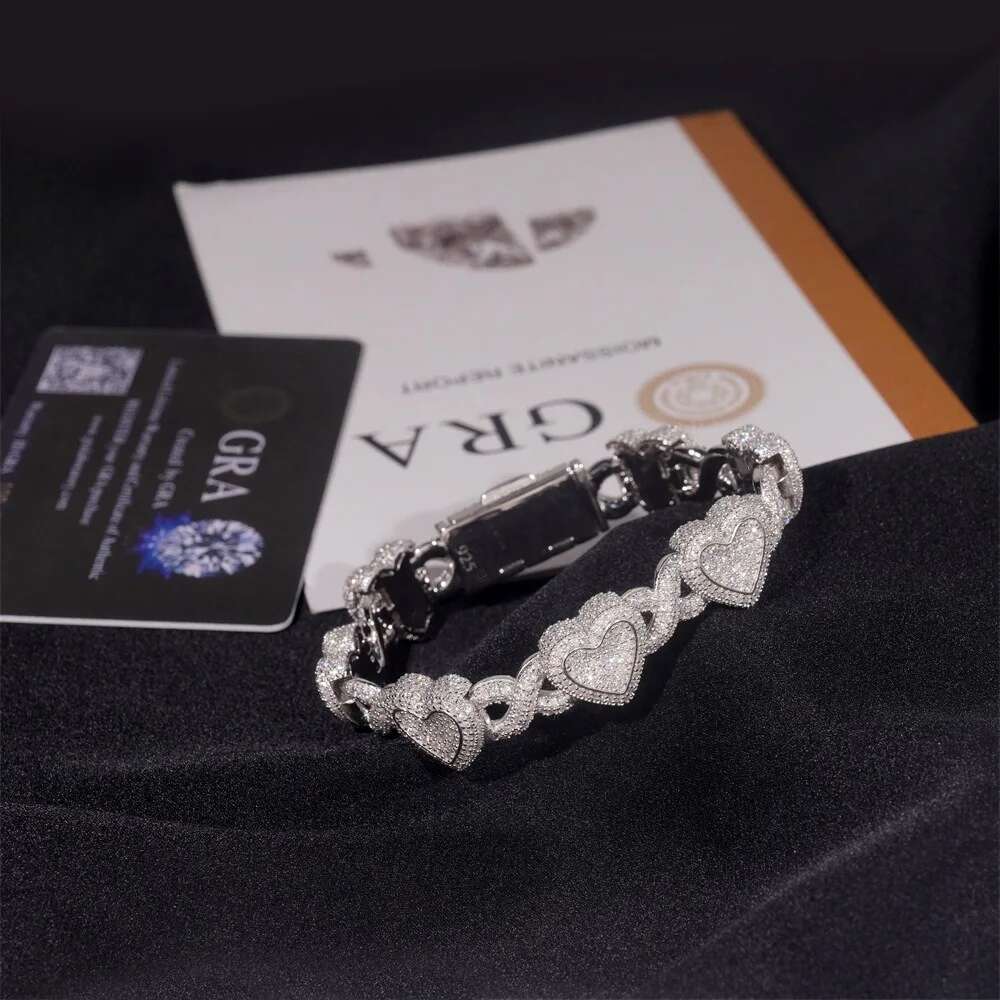 IsRainy Hip Hop Rock 100% Sterg Sier D Color Real GRA Moissanite Dias Heart Cuban Chain Bracelets Fine Jewelry Gift