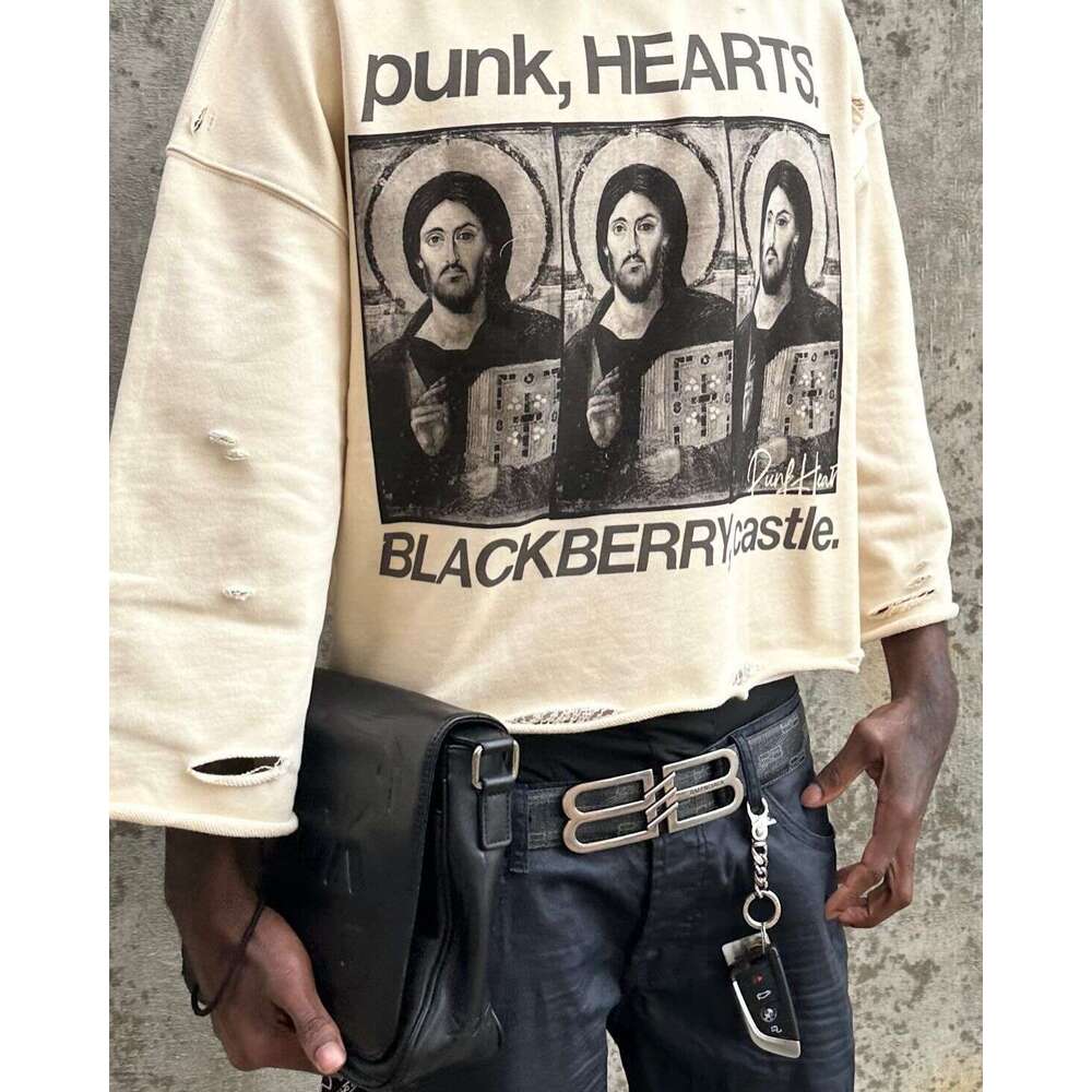 Spring Catholic vintage classic 3D pattern versatile personality ripped hole pullover base hoodie